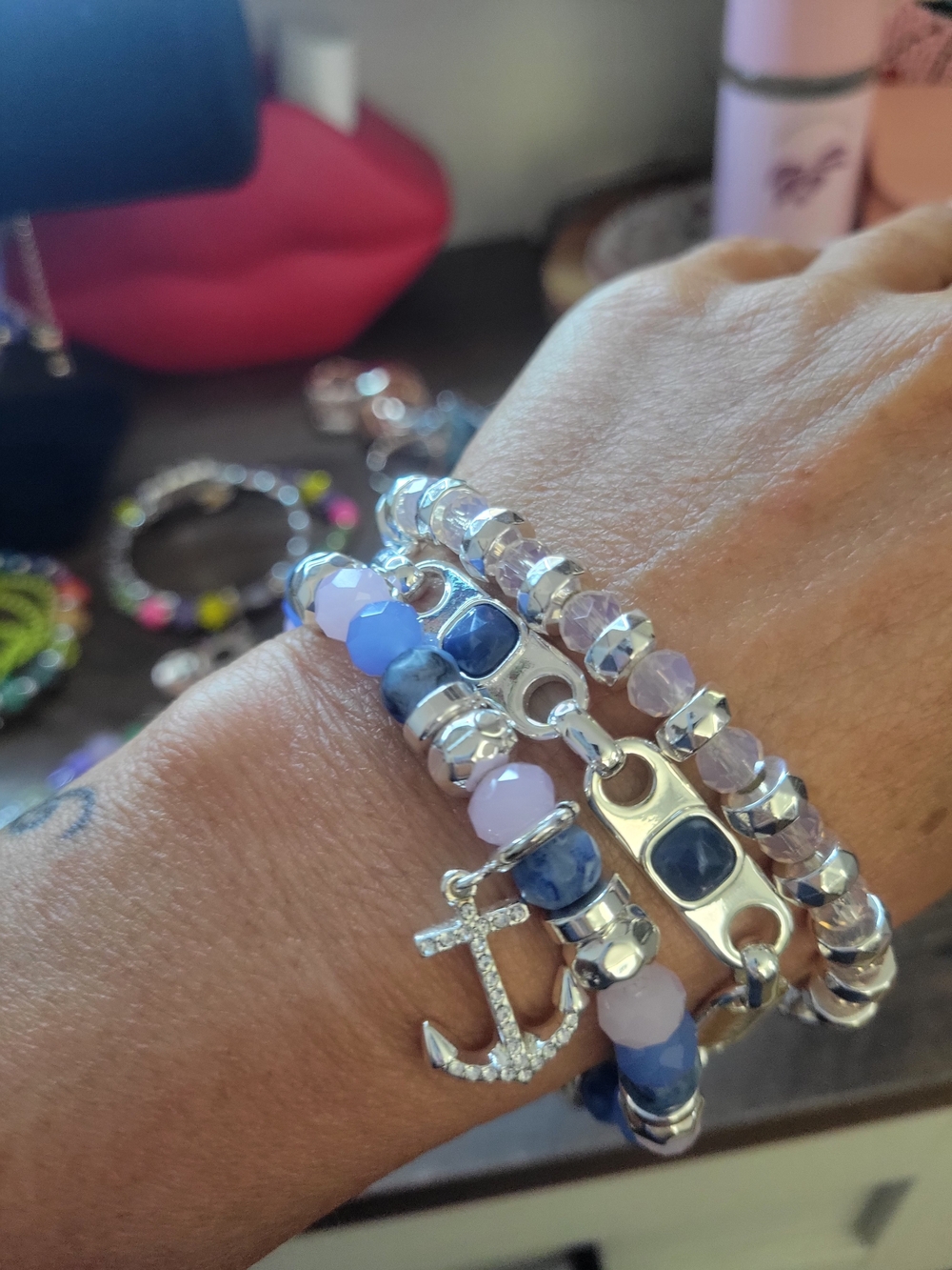 Blue and Lavender Beaded Anchor Bracelet Stack - Women Jewelry